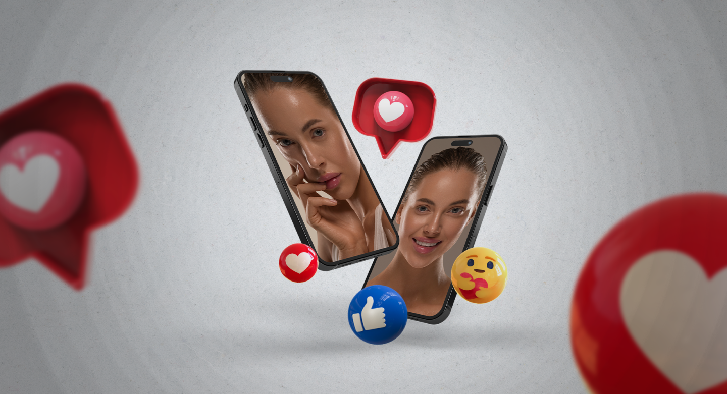 Dois celulares com a mesma modelo focado em seu rosto e reações positivas de redes sociais, ilustrando os resultados positivos da harmonização orofacial em campanhas de marketing.